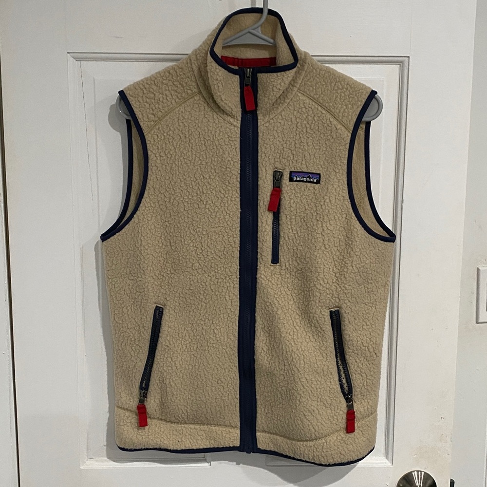 Patagonia Cream Fleece Vest with Blue and Red Details